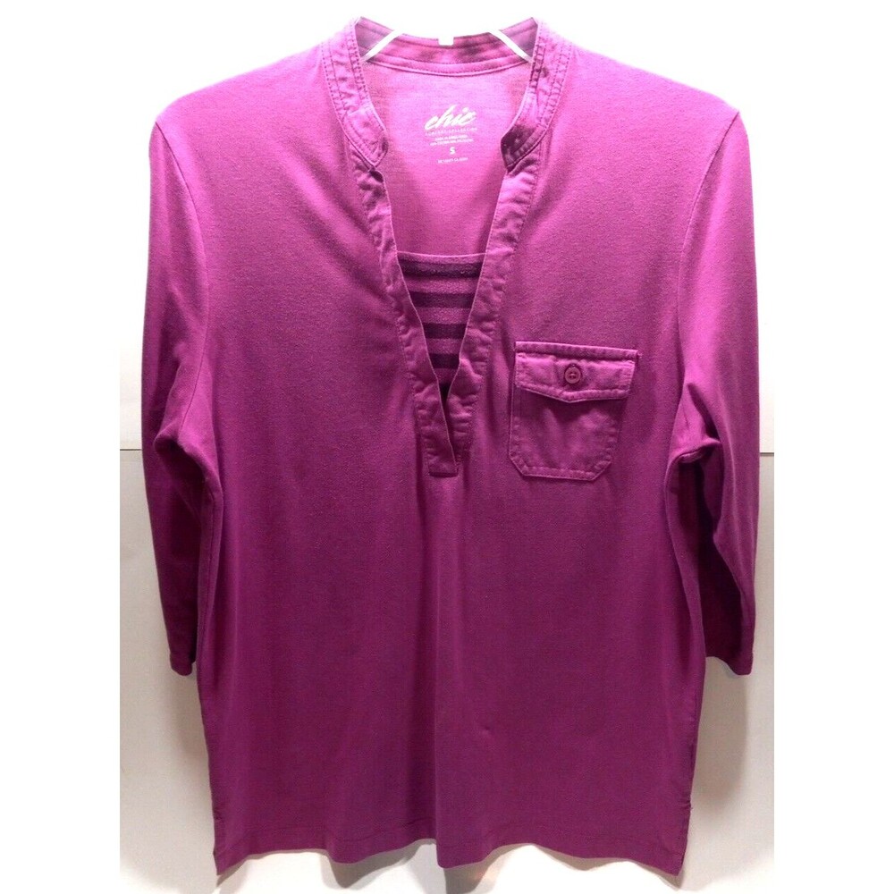 Purple Plum 3/4 Sleeve Tunic Vtg Chic Small Mock V Neck Tee Shirt Cotton Blend